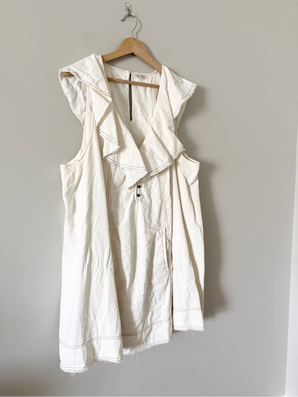 Pilcro Anthropologie Ruffle V-Neck Cotton Shift Dress in Cream Size 2X - Picture 3 of 7